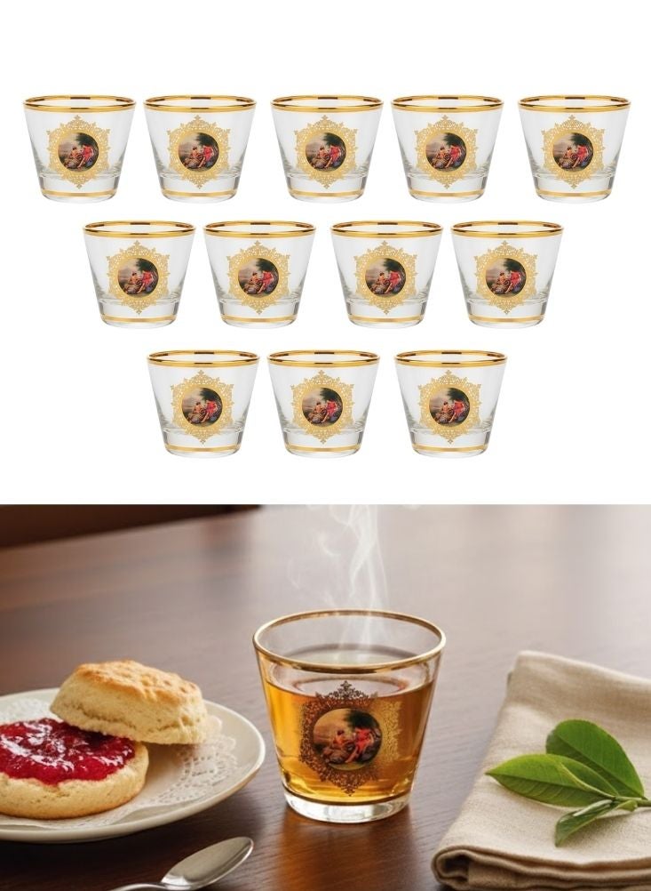 بريميم طقم أكواب شاي زجاجية مطبوعة بحواف ذهبية مكوّن من اثني عشر كوباً - Image 1